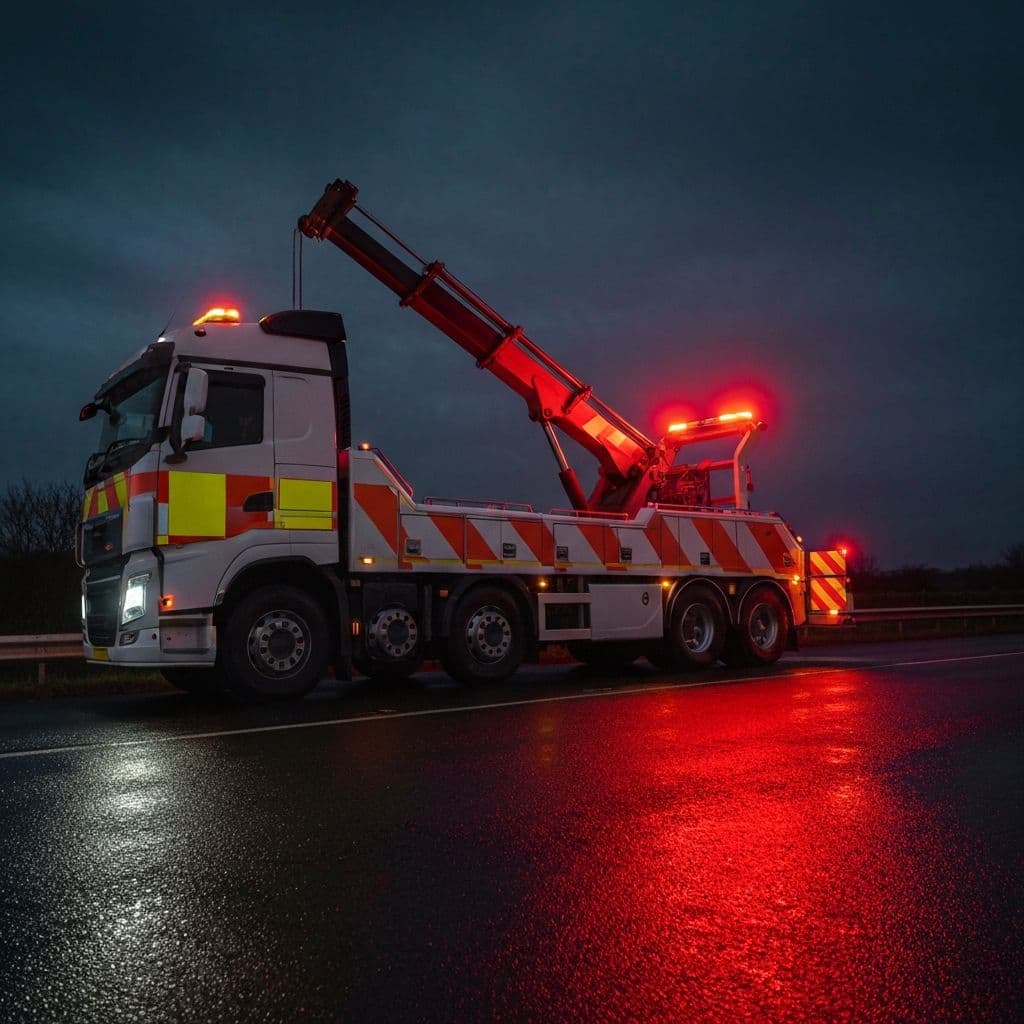 Professional vehicle breakdown recovery service at night