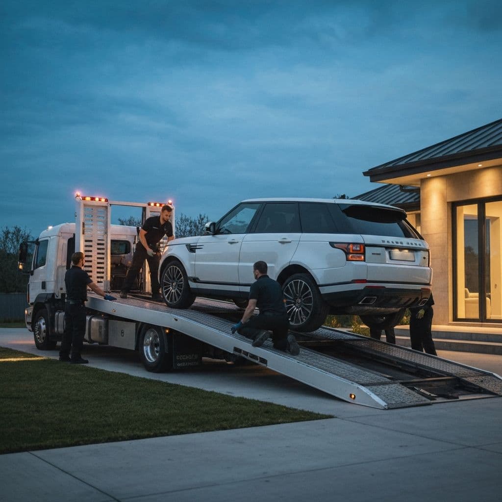 Luxury SUV being delivered to a customer driveway at twilight