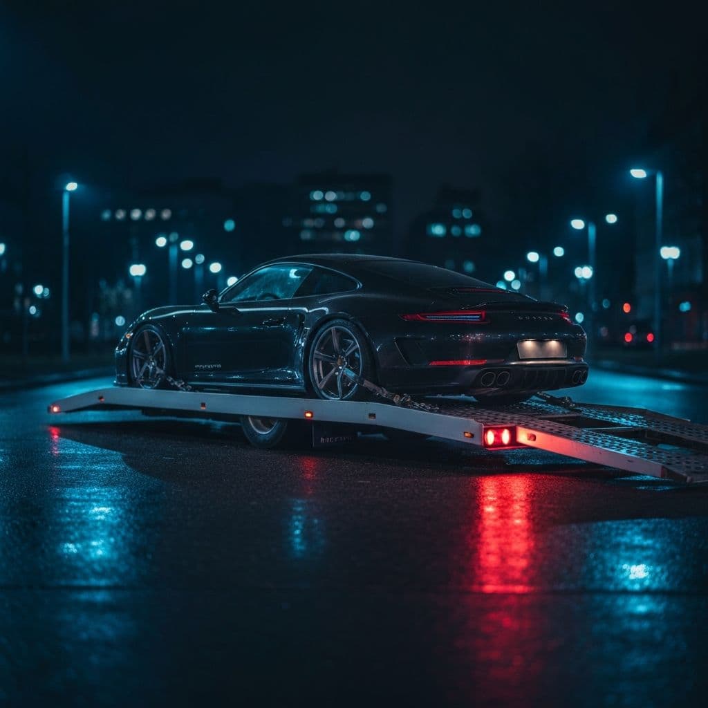 Luxury vehicle being loaded onto premium car transporter at night
